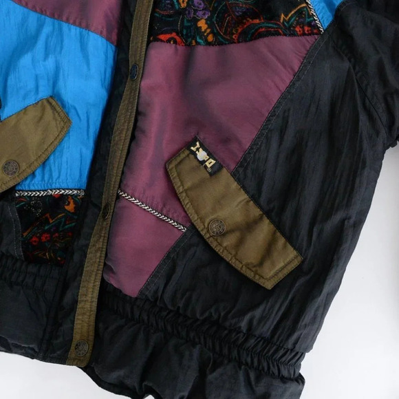 Vintage 90's ISPO Blue & Black Patchwork Funky Puffer Zip Up Winter Jacket S - Picture 5 of 15